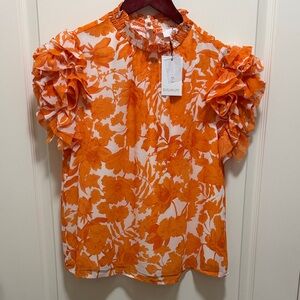Sugarlips Orange and White Floral Ruffle Sleeve Blouse